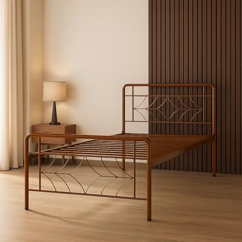 Image of Vara Metal Single Size Bed Without Storage | Wrought Iron Single Bed with Headboard & Footboard| Sturdy Powder Coated Platform Cot for Bedroom, Living Room, (Vara Brown)