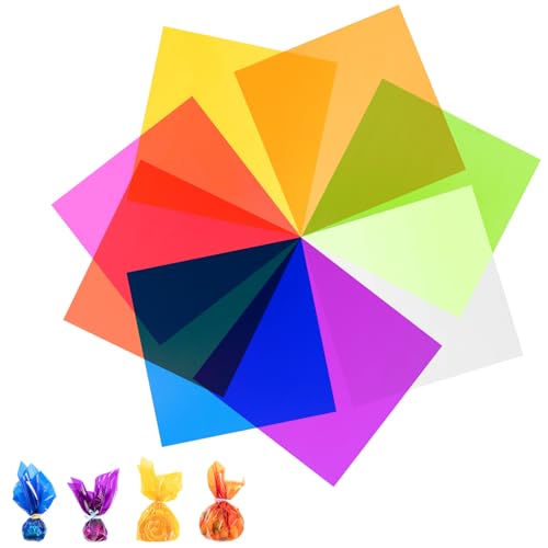 woric 160 PCS Colored Cellophane Sheets 7.5 x 7.5 Inch Colored Cellophane Wrap Transparency Plastic Sheets for DIY Arts Crafts Small Gifts Holiday Party Decoration