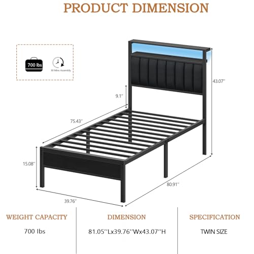 Image of Furnulem Twin Size Bed Frame with Charging Station and LED Lights, Platform Bed with Metal Slats, Grey Upholstered Headboard with 2-Tier Storage Shelves, No Box Spring Needed