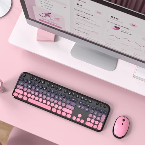 Image of Wireless Keyboard Mouse Combo - Lovely CherryPink-Gradient Rainbow Full-Sized Typewriter Colorful Keyboards, Round Keycap Plug Play Retro Cute Keyboards for Windows, Laptop, PC, Desktop, Computer