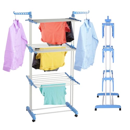 Laundry Mate Foldable Clothes Drying Rack 20M Drying Space 3 Tier Portable Heavy-Duty Clothes Airer with Wheels & Hangers, Space-Saving Laundry Dryer Rack for Indoor & Outdoor