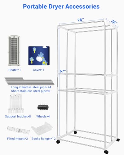KASYDoFF Portable Clothes Dryer, 110V -1600W Clothes Dryer, 67Inch -3 Tier Foldable Clothes Dryers Rack, Energy Saving Portable Dryer for Apartment, Indoor, Travel, RV