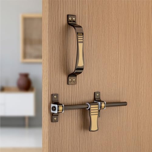 Image of COMPASS D-Cut Stainless Steel Heavy Single Door Fitting Accessories Full Set /Kit (1 Aldrop, 1 Latch, 2 Handles, 1 Tower Bolt and 1 Door Stopper | 10 inch | Vintage Finish