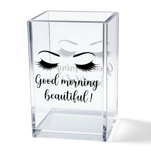 Image of Good Morning Beautiful Acrylic Makeup Brush Organizer Holder, Positive Affirmation Desk Acrylic Brushes Storage, Make Up Artist Gifts, Morning Affirmation Gifts for Women Wife Mom Makeup Lover