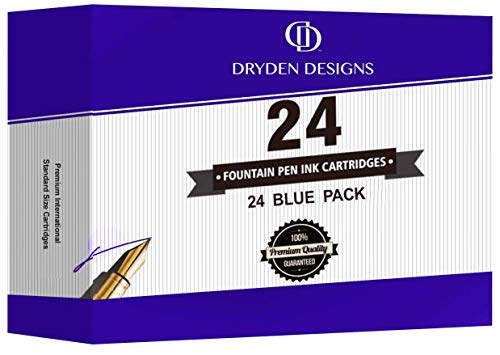Dryden Designs Fountain Pen Ink Cartridges - SET OF 24 BLUE INK CARTRIDGES - Short International Standard Size - Disposable and Generic Ink Refill Cartridges - Perfect for Calligraphy