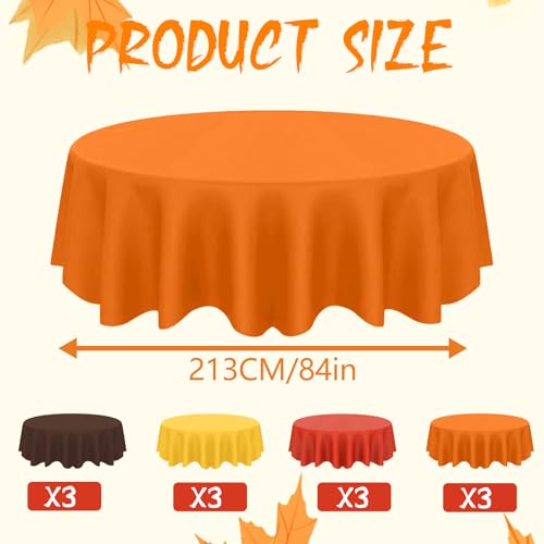 Image of 12 Pcs Fall Plastic Tablecloths, Disposable Round Autumn Table Cover 84 Inch Waterproof Table Covers for Fall Harvest Thanksgiving Day Family Birthday Baby Shower Party Decorations
