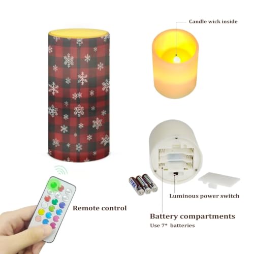 Image of Poceacles Flameless LED Candle Battery Powered Realistic Pillar Candle Decorative Tea Lights for Home Party Indoor Outdoor Christmas Decor, Snowflake Christmas Plaid Red Black
