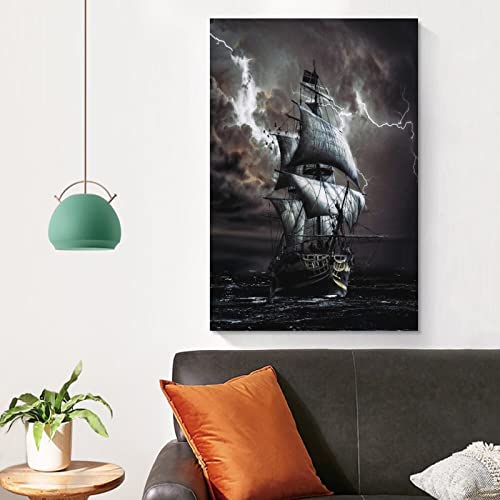 Hdydjs Stormy Pirate Ship Poster Black Sailboat Poster Canvas Painting Posters And Prints Wall Art Pictures For Living Room Bedroom Decor 16X24Inch(40X60Cm) Unframe-Style #TOP3
