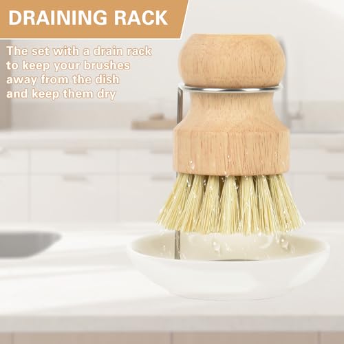 Image of Wooden Dish Brushes, Dish Scrubber Brush for Cleaning Dishes, Natural Sisal + Palm Bristles, Set of 2