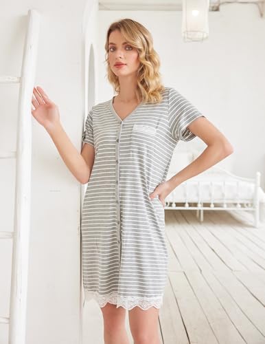 Ekouaer Nightgowns for Women Button Down Nightgown Striped Dress Short Sleeve Sleepwear S-3XL3