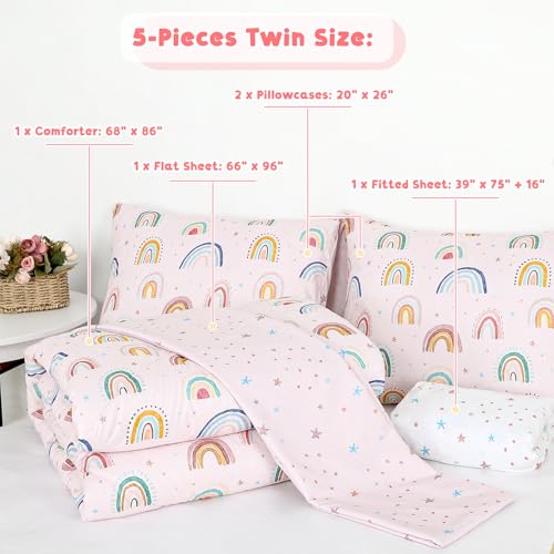 Image of Twin Size Toddler Bedding Set for Girls 5 Piece Toddler Girl Bedding, Super Soft Toddler Comforter Set Includes Comforter, Flat Sheet, Fitted Sheet, Pillowcase (Pink Cute Rainbow)
