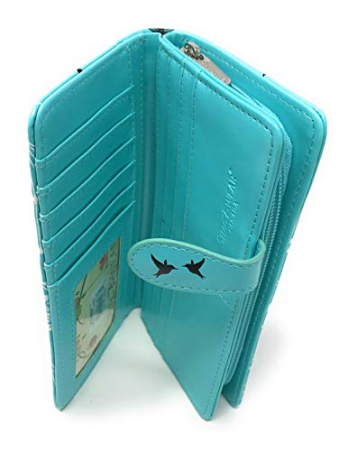 Shag Wear Vintage Bird Cage Large Wallet for Women and Teen Girls Vegan Faux Leather Blue 7"3