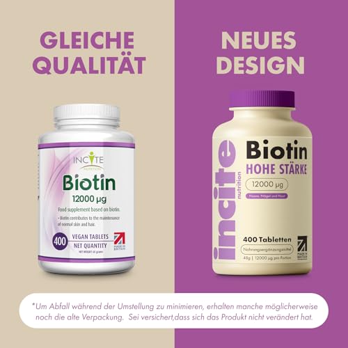 Incite Nutrition Biotin-Haarwachstumsergänzungsmittel 12.000 mcg – Tabletten (Ganzjahresvorrat plus Vorrat), hergestellt im Vereinigten Königreich, für Herren und Damen, 400 Stück (1er-Pack)