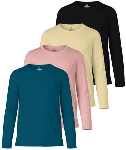 Image of Real Essentials 4 Pack: Girls' Dry-Fit Long Sleeve Crew Neck T-Shirt - Athletic Activewear Soccer Top for Teens Kids Youth