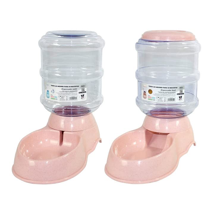 Dispensador para Gatos y Perros 3.5L x 2 Piezas Dispensador de Agua para Mascotas, Bebedero y comedero Dispensador Comida y Agua (Rosa)