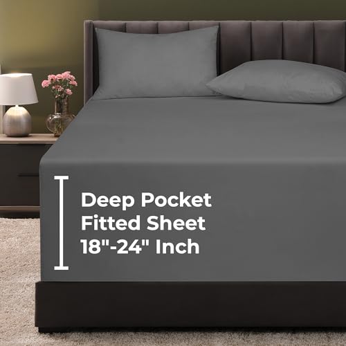 Image of Royale Linens Extra Deep Pocket Full Fitted Sheet Only - Full Size Deep Pocket Grey Fitted Sheet - Fits 18 inch to 24 inch Thick Mattress - Soft & Breathable Elastic Sheets (54x75 Inches, Grey)