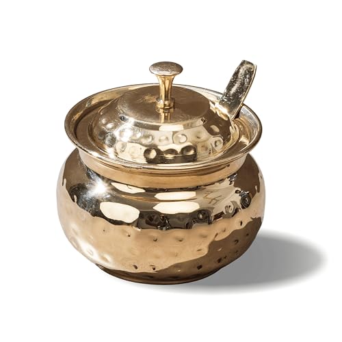 Image of P-TAL Pure Brass Ghee Pot with Lid & Spoon | 400 ml Handcrafted Hammered Brass Container | Golden Finish Ghee Storage Jar | Traditional Kitchen Serveware & Storage Pot