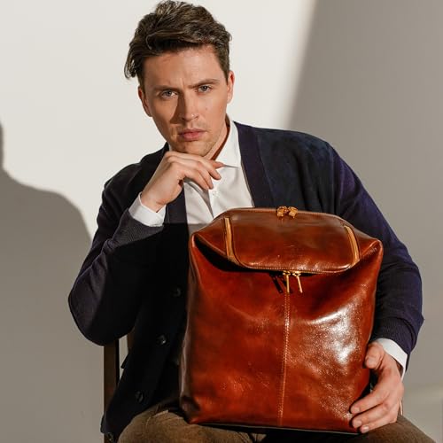 Time Resistance Leather Backpack - Unisex Business Rucksack Laptop Bag for Bag and Women (Cognac Brown)2
