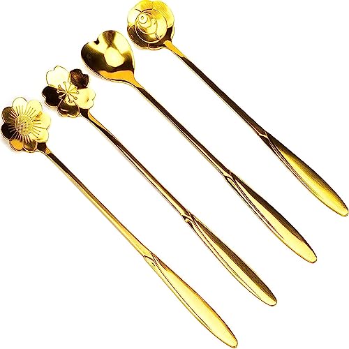 Image of VATTU Golden Spoon Set /Coffee Spoon /Dessert Spoons /Cutlery Kitchen Tableware /Stainless Steel Gold Different Shape Coffee Spoons, Set of 4 Pcs