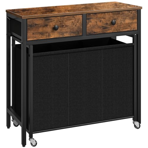 HOOBRO Carro de Ropa Sucia, Cesta Colada Móvil con Ruedas y 2 Cajones, con 3 Compartimentos de 30 L, Clasificador de Ropa con Almacenaje, Marrón Rústico y Negro EBF79XY01