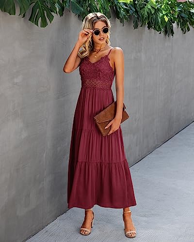 Image of Dokuritu Women's Beach Crochet Lace Maxi Dress Solid Color Summer Vacation Wedding Guest Spaghetti Strap Long Dress