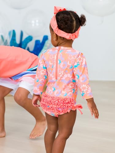 RuffleButts Baby Girls UPF 50+ Sun Protection Floral Printed Long Sleeve One Piece Rash Guard Swimsuit with Zipper - Coral Floral, 18-24m