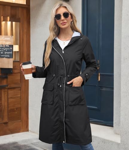 Women Waterproof Lightweight Long Rain Jacket Outdoor Casual Hooded Long Trench Coat3