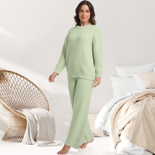 Image of BOSECETA 2 Piece Fleece Pajamas for Women Set Loungewear Outfits Knit Sweater Womens Long Sleeve Fuzzy Pajama Sets