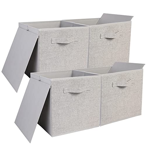 AYVANBER 4 Stück Würfel-Aufbewahrungsboxen, faltbarer Stoff mit Griffen, Regal-Organizer, Körbe für Spielzeug, Kleidung, Büroprodukte, Kinderzimmer, Zuhause, Schrankschubladen (hellgrau) Cover