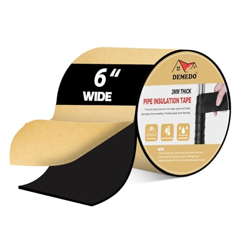 DEMEDO Pipe Insulation Tape, Pipe Wrap Insulation Foam Tape Self Adhesive, Outdoor Water Pipe Insulation Roll for HVAC, AC Line Insulation, 6 inch x 16.5 FT Heat Tape for Water Pipe, Black