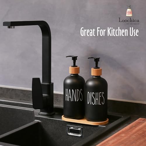 Image of LOOCHICA 2 Pack Black Glass Soap Dispenser Set with Tray, Hand and Dish Glass Soap Dispensers for Kitchen Sink, Matte Black Soap Dispenser Suitable for Kitchen Sink, Rustic Kitchen Decor