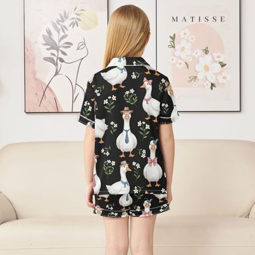 Satin Pajama Sets Short Sleeve Stylish Geese Floral Background Button Down Silky Nightwear 2 Piece PJS 5-14Y4