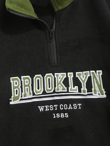 ZAFUL Men's Polar Fleece Sweatshirt BROOKLYN WEST COAST Embroidered Quarter Zip Kangaroo Pocket Color Block Stand Collar Pullover (1-Black, L)4