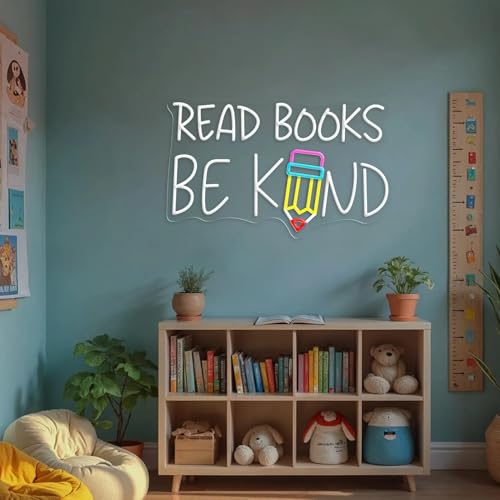 Image of Read Books Be Kind Neon Sign, Classroom LED Light, Library Wall Decor for Kid, Motivational Neon Light, Kindergarten Decor, Custom Neon Sign