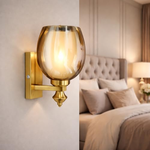 Image of Premium Gold Finish Elegant Amber Glass Shade Wall Light for Bedroom, Living Room, Restaurants, Dining, Coffee Shop, Home and Office Decorative Wall Sconce Light Fixture (Without Bulb)