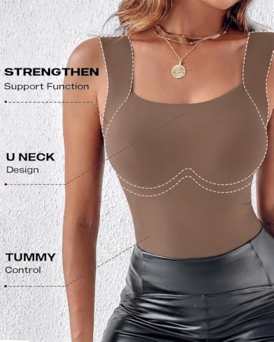 Image of CHICME Womens U Neck Shapewear Built-in Bra Tank High Strechy Sleeveless Slim Fit Tops Camisole Workout Tops
