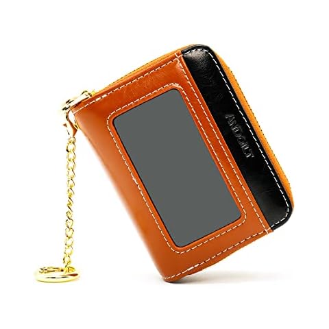 ANDOILT Small Genuine Leather Wallet for Women Men RFID Blocking Identity Safe Double Zipper Accordion Credit Card Holder Keychain Wallets Brown Cover