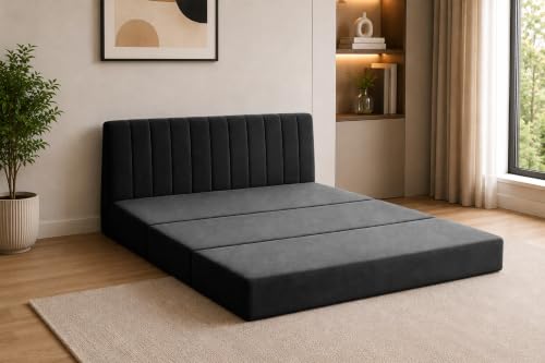 Image of 3-Seater Velvet Sofa Cum Bed | Convertible Sleeper Sofa | Modern Foldable Couch for Living Room, Bedroom & Office | Black