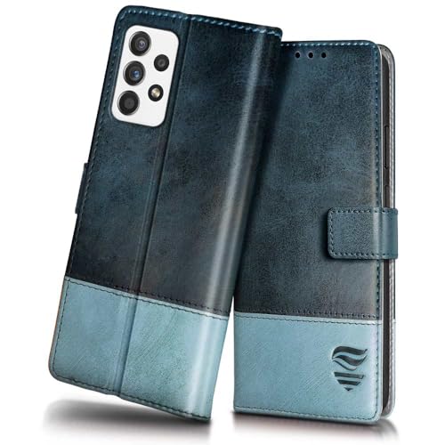 FLIPPED Vegan Leather Flip Case Back Cover for Samsung Galaxy A52 5G | A52s 5G | A52 4G (Flexible, Shock Proof | Hand Stitched Leather Finish | Card Pockets Wallet & Stand | Blue with Aquamarine)