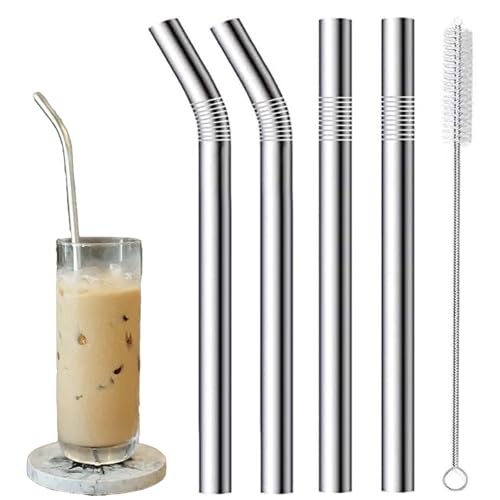 Paquete de 4 pajitas de acero inoxidable, 215 mm de largo, 2 rectas y 2 pajitas de metal dobladas con 1 cepillo de limpieza, pajitas de acero reutilizables para cócteles, bebidas frías/calientes y