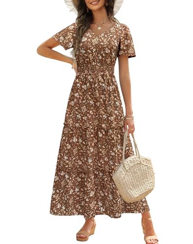 Zattcas Womens 2025 Long Summer Dress Short Flutter Sleeve V Neck Casual Smocked Tiered Modest Floral Boho Maxi Dress