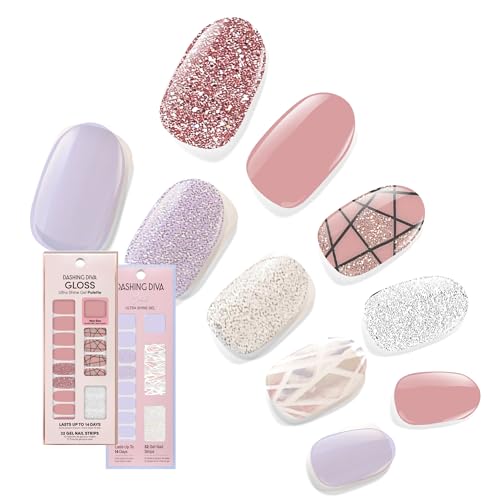Dashing Diva Gloss Nail Strips Bundle - The Geometric Collection- Rose Sparkle & Gleam Queen - UV Free, Chip Resistant, Long Lasting Gel Stickers - Contains 2 Sets