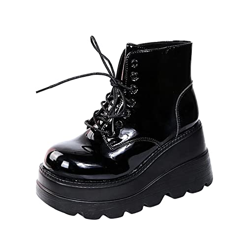Femmes Cheville Bottes Gothique Plate-Forme Talon Compensé Cheville Bottes Punk À Lacets Moto Bottes De Combat En Cuir De Mode Dames Casual Cheville Bottes Bout Rond Rétro Marche Bottes Pas Cher