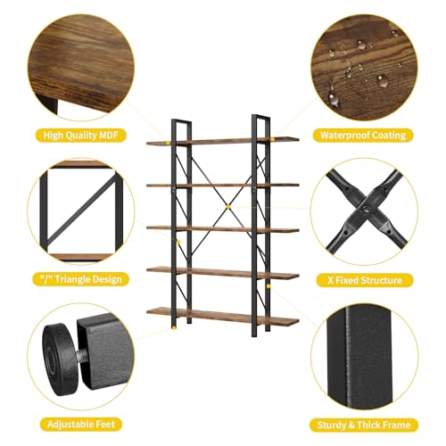 DWVO 5 Tier Bookshelf, 70.9" H Tall Bookcase Industrial Book Shelf Vintage Storage Organizer, Free Standing Storage Shelving Unit for Living Room, Bedroom, Home Office, Rustic Brown