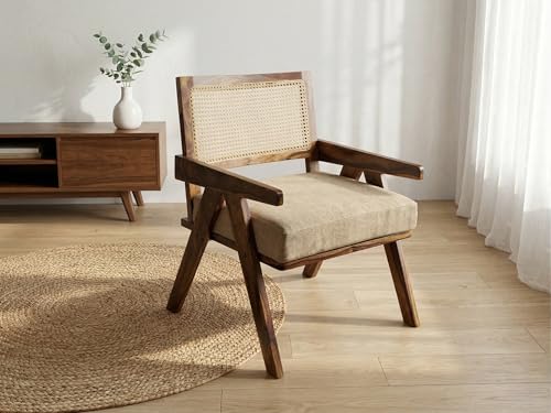 Image of WELL KNOWN Solid Sheesham Wood & Cane Chair Wooden Rattan Arm Chair | Dining Chair for Living Room, Bedroom, Indoor, Outdoor & Home | Natural Finish