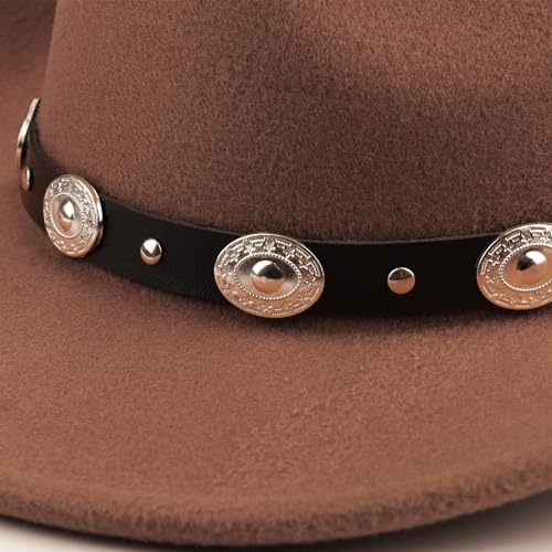Image of DRESHOW Women Men Classic Felt Wide Brim Western Cowboy & Cowgirl Cap Belt Buckle Retro Panama Hat Unisex Rolled up Caps