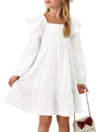 Girls Eyelet Cotton Dresses 2025 Ruffle Casual Puff Long Sleeve A-line Dress for 6-13 Years