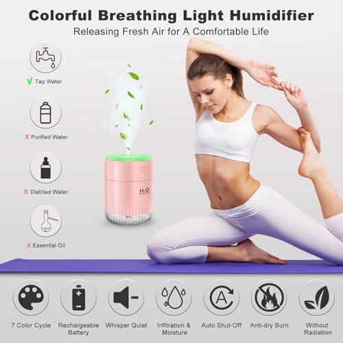 Image of Rechargeable Mini Cool Mist Humidifier With 7 Color Light, Small Personal Desktop for Baby Bedroom, Office, Nursery, Travel With Auto Shut-Off, Super Quiet (Pink)