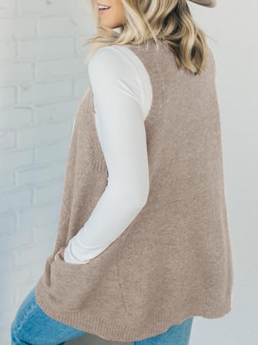 Saodimallsu Womens Sleeveless Sweater Vest V Neck Loose Knit Casual A Line Flattering Tunic Top With Pockets Khaki thumb #1