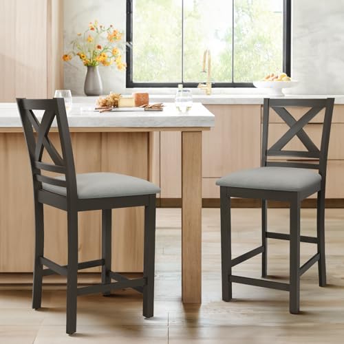 Image of COLAMY Bar Stools Set of 2, Counter Height Bar Stools, Mid Century Modern Barstools with Back, Wood Barstools for Kitchen Dining Room Bar, Dark Grey